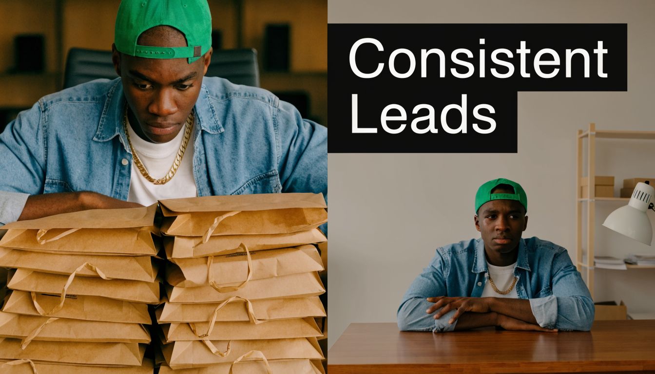 A young man in a green cap managing stacks of paper shopping bags for lead generation services.