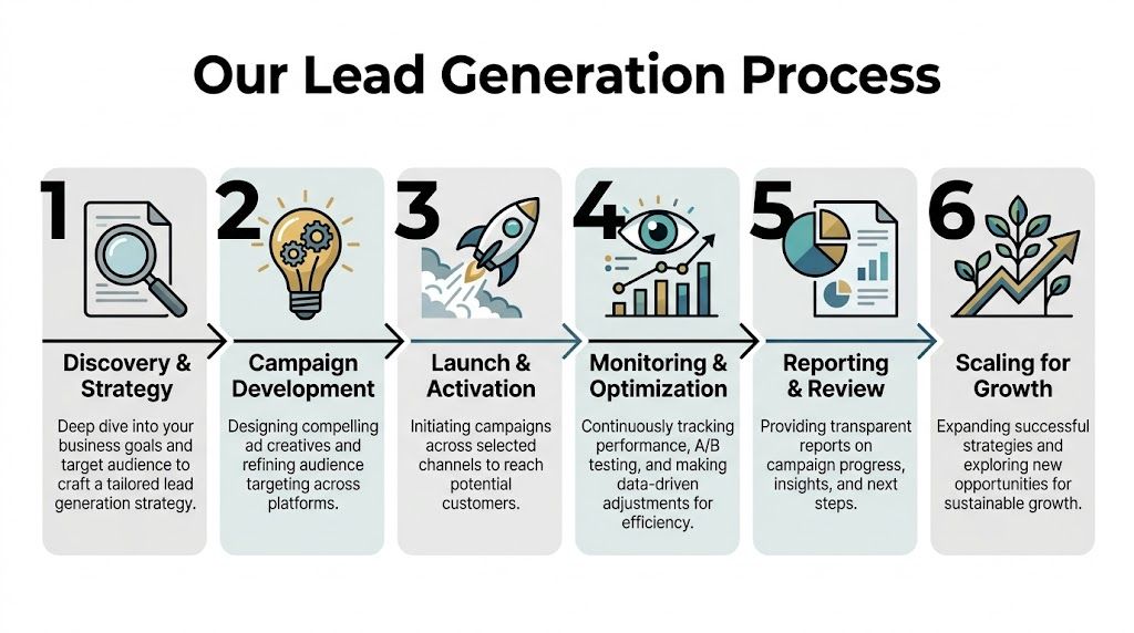 A step-by-step infographic illustrating a six-stage lead generation process from strategy development to scaling for growth.