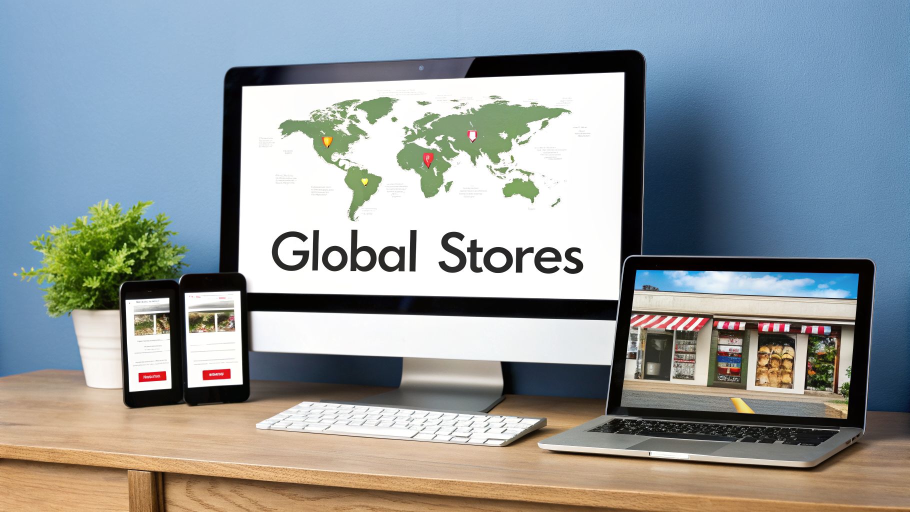 Digital devices on a desk, illustrating global e-commerce and online store presence.