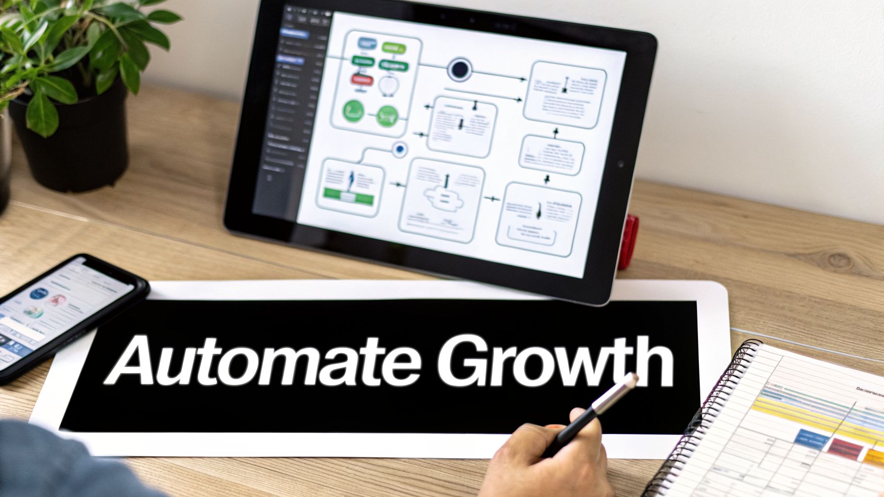 A person's hand with a pen pointing to an 'Automate Growth' sign on a desk with a tablet and phone.