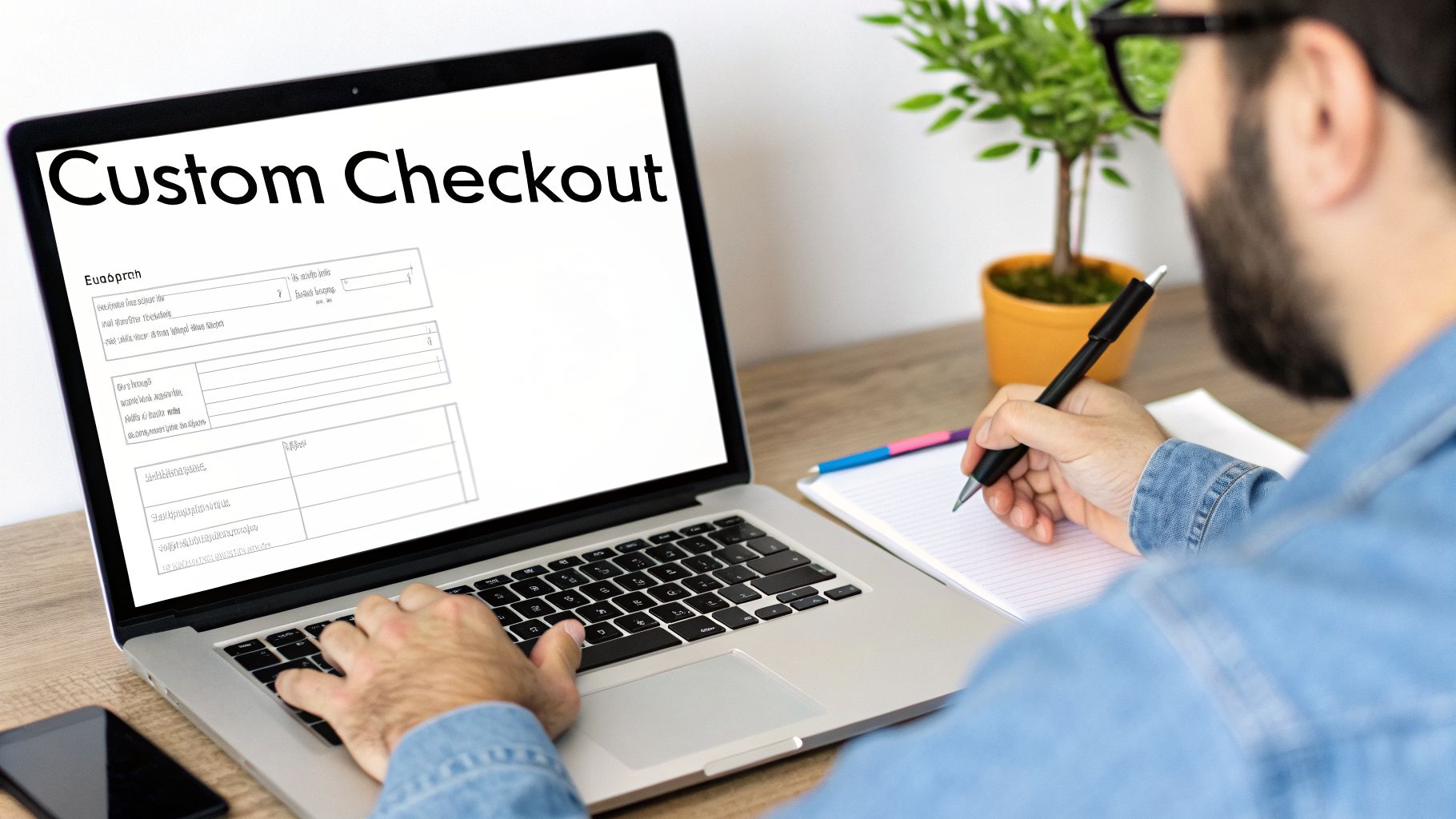 A man customizes a checkout process on a laptop screen while writing in a notebook.