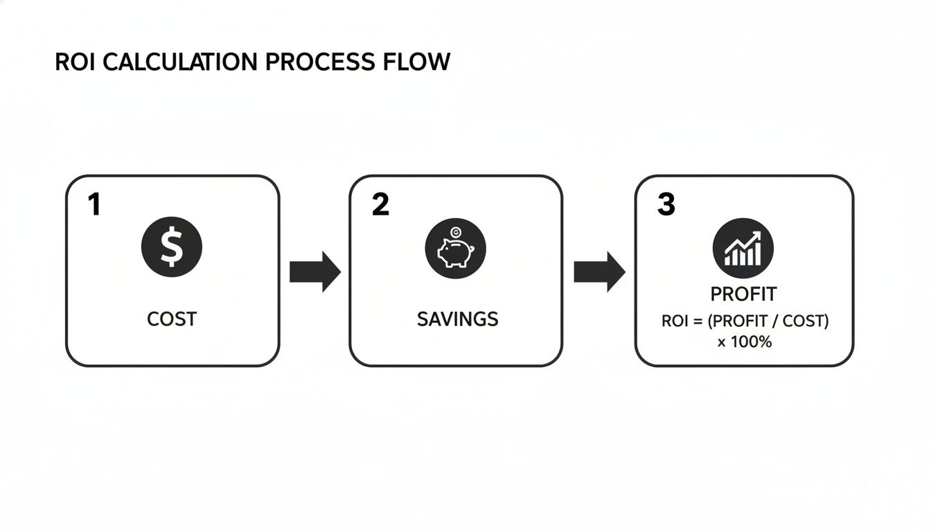 A step-by-step process flow diagram illustrating ROI calculation, including cost, savings, and profit with formula.