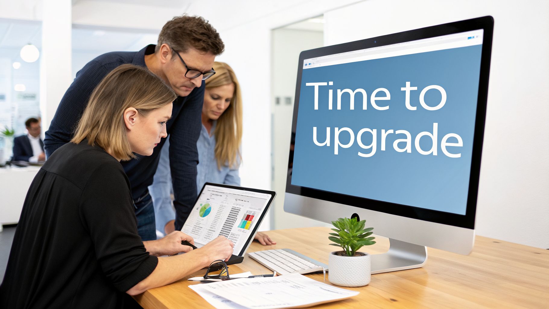 Three business professionals, including a woman using a tablet, discuss work in a modern office.