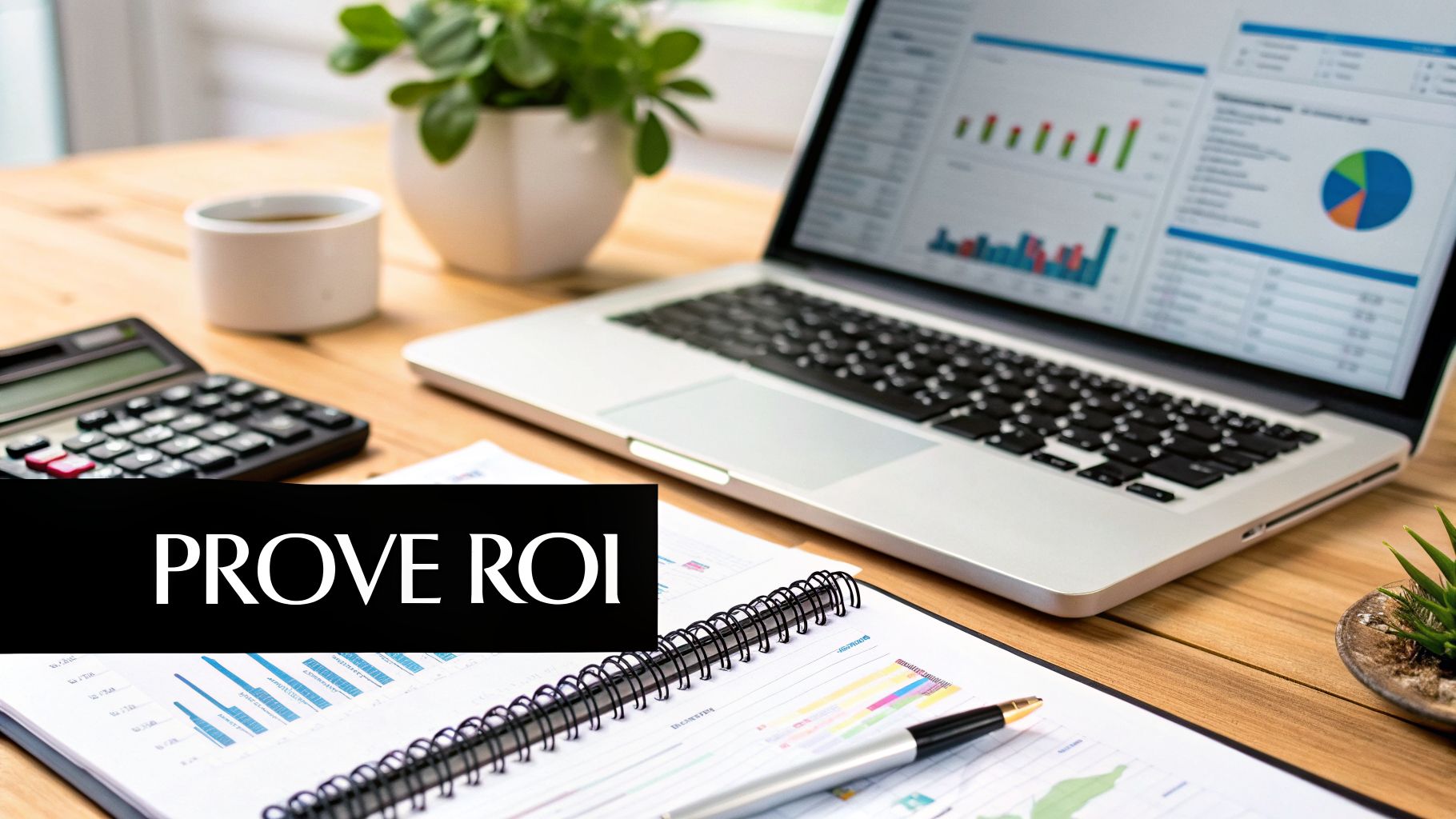 A business workspace with a laptop displaying charts, a calculator, and text 'PROVE ROI'.