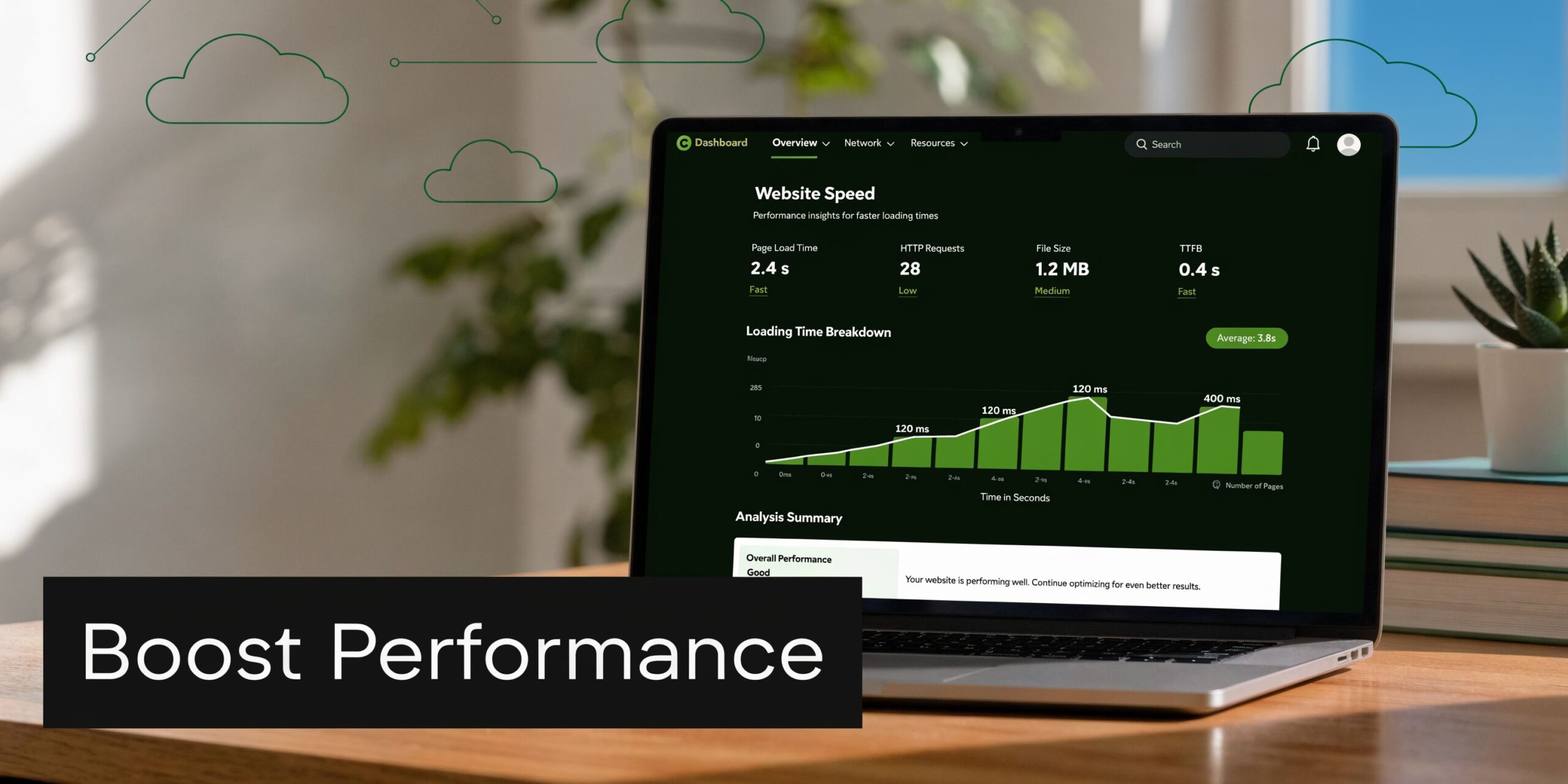 A modern laptop on a wooden desk displaying a website performance dashboard with speed metrics and graphs.