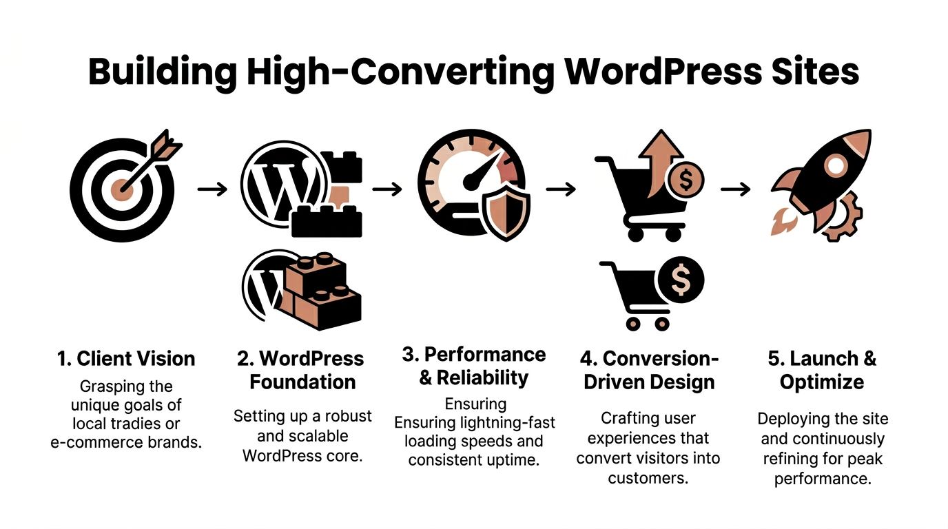A flowchart showing five steps for building high-converting WordPress sites from client vision to final launch.