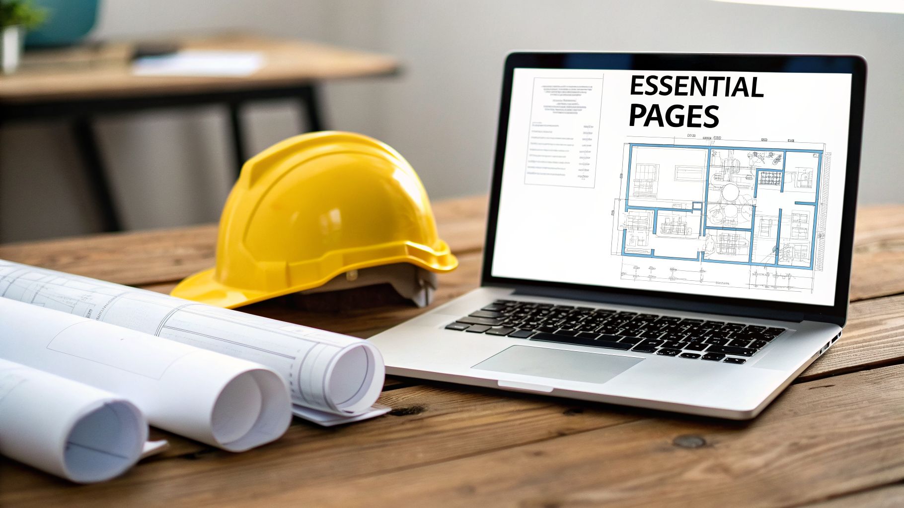 A yellow hard hat, rolled blueprints, and a laptop displaying architectural plans on a wooden desk.