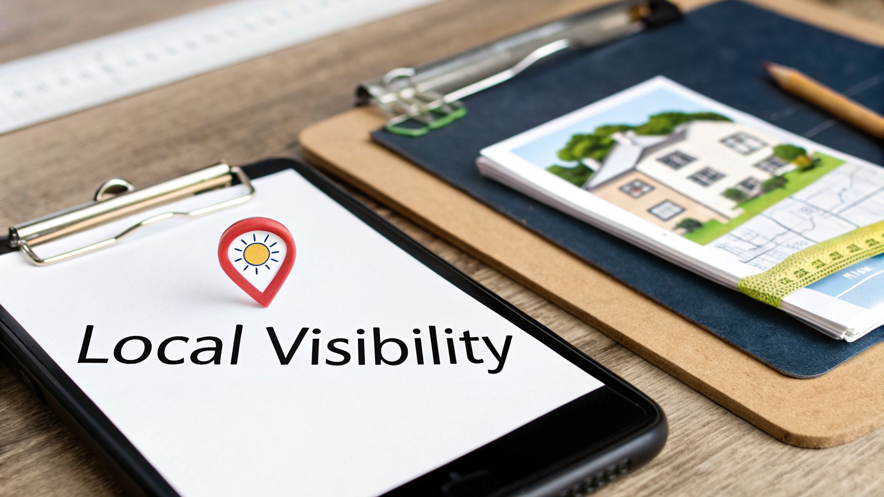 Smartphone displaying 'Local Visibility' with a sun map pin icon, next to real estate documents and clipboards.