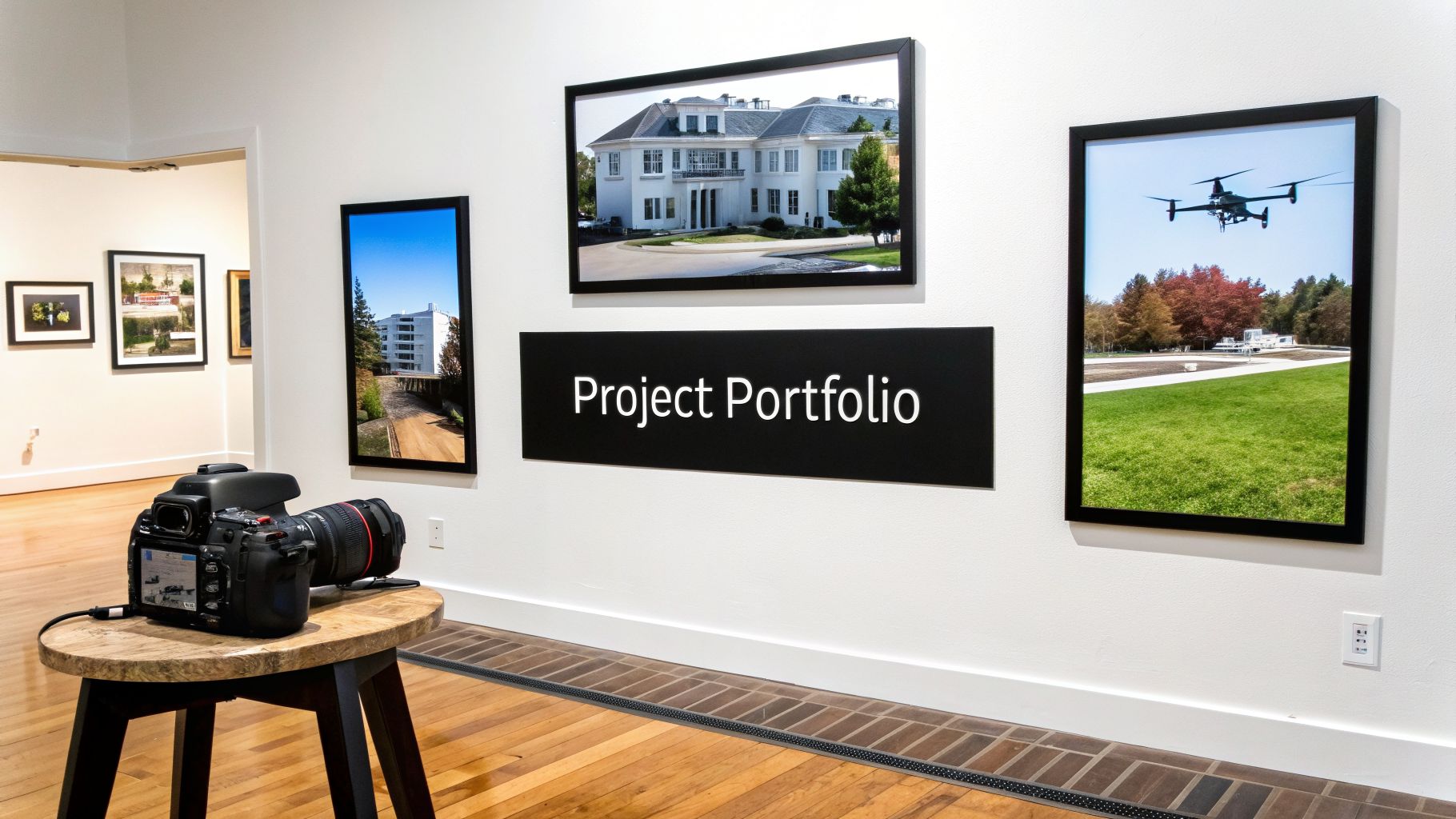 A camera on a table in a modern gallery, featuring framed photos and a 'Project Portfolio' sign.
