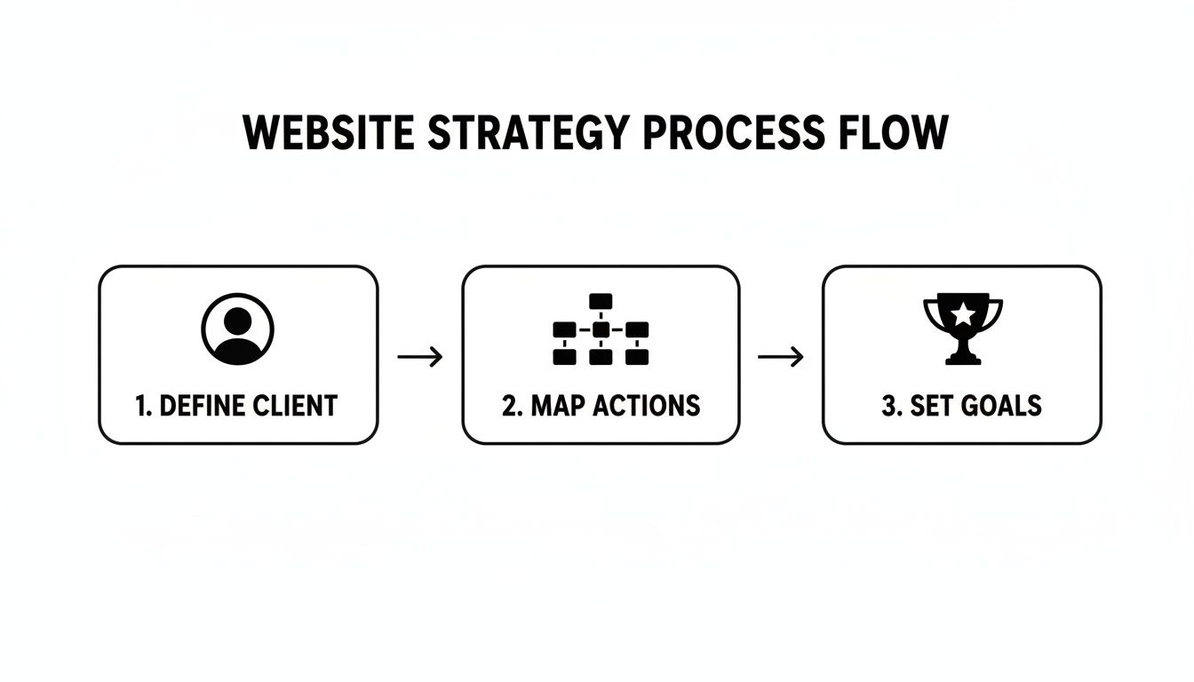 Flowchart outlining a website strategy process with key steps: define client, map actions, and set goals.