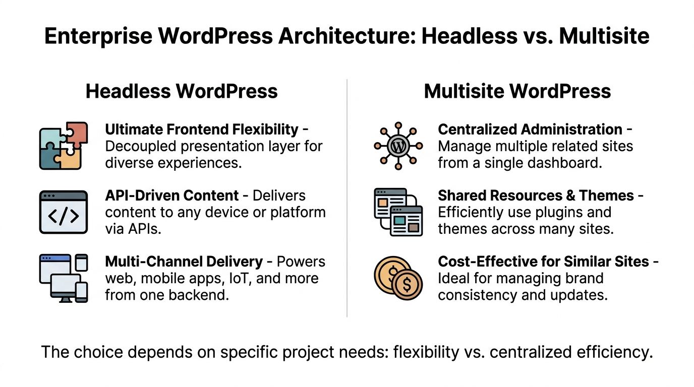 A comparison chart showing the differences between Headless WordPress and Multisite WordPress for enterprise website architecture planning.
