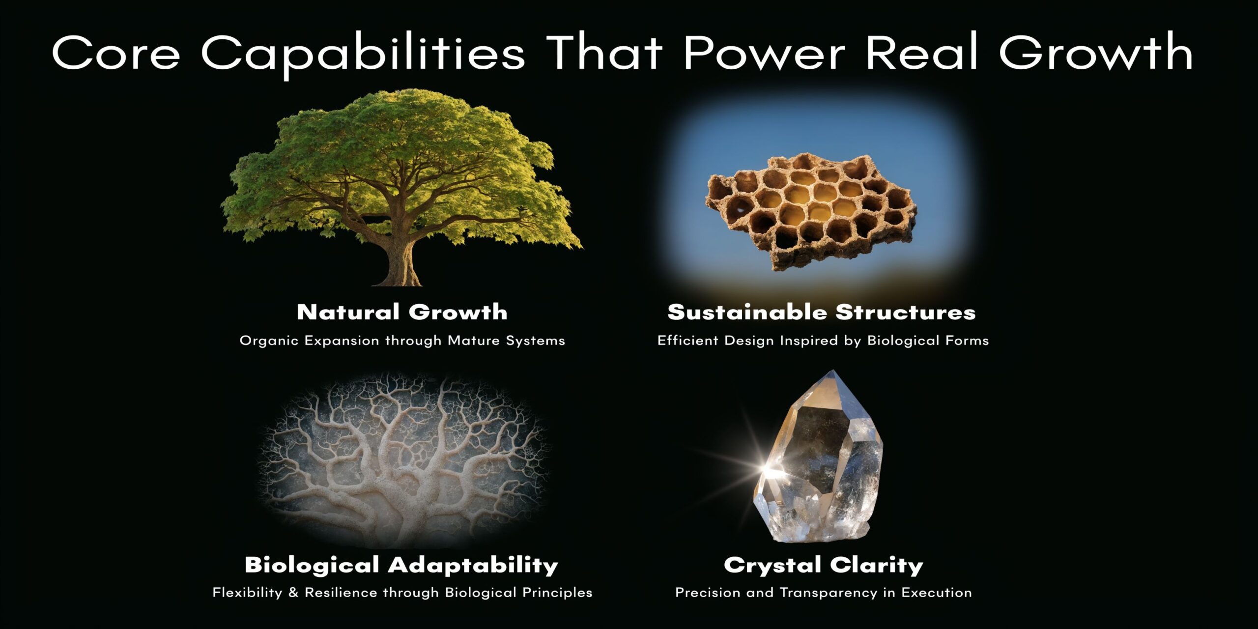 A graphic titled Core Capabilities That Power Real Growth featuring a tree, honeycomb, coral, and crystal.