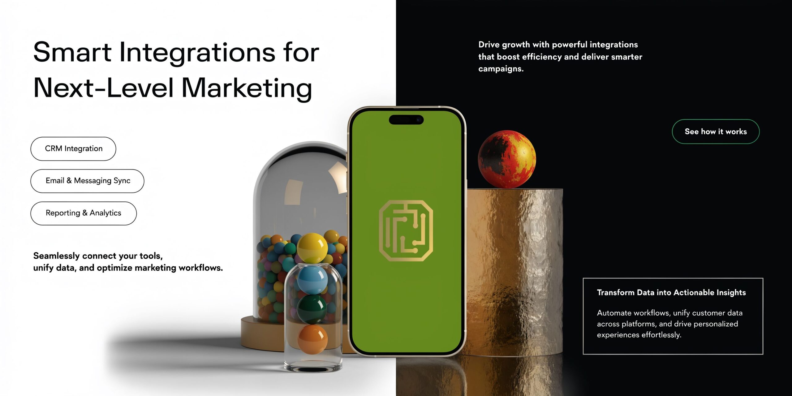 A 3D visualization showcasing integrated marketing technology with a smartphone and colorful spheres, representing data connectivity and growth.