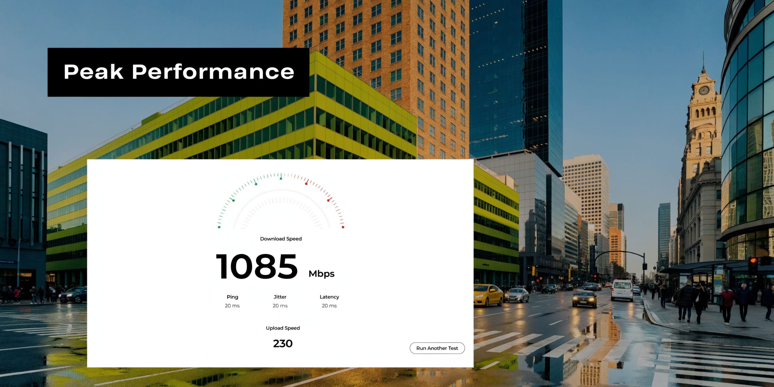 A digital speed test interface showing a fast download speed of 1085 Mbps on a city background.