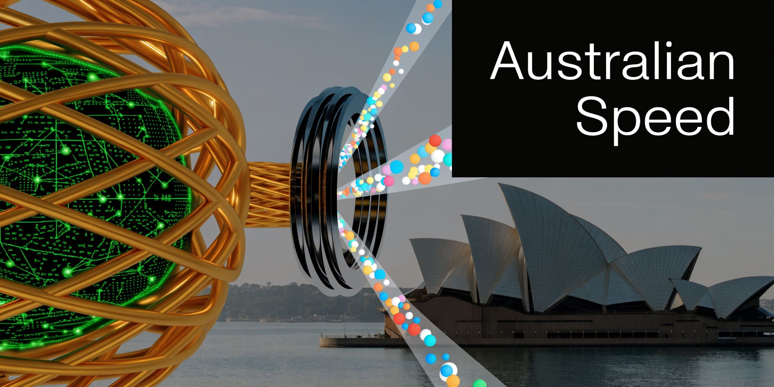 A digital representation of global network connectivity converging on the Sydney Opera House in Australia.
