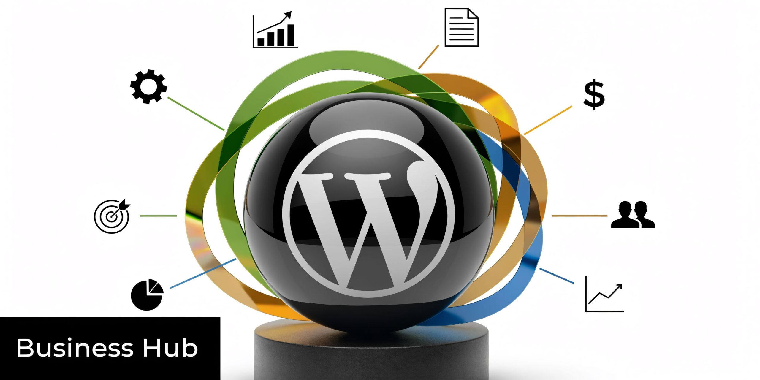 A central WordPress logo icon surrounded by various business-related icons like growth charts, documents, and currency symbols.