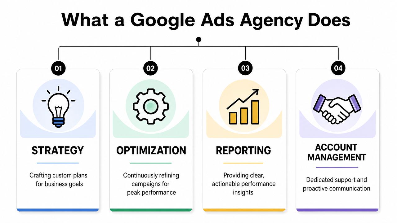 An infographic titled What a Google Ads Agency Does, outlining four key services including strategy, optimization, reporting, and account management.