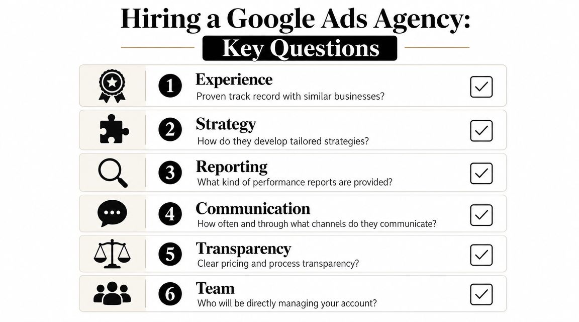 A checklist infographic outlining six essential questions to ask when hiring a professional Google Ads agency.