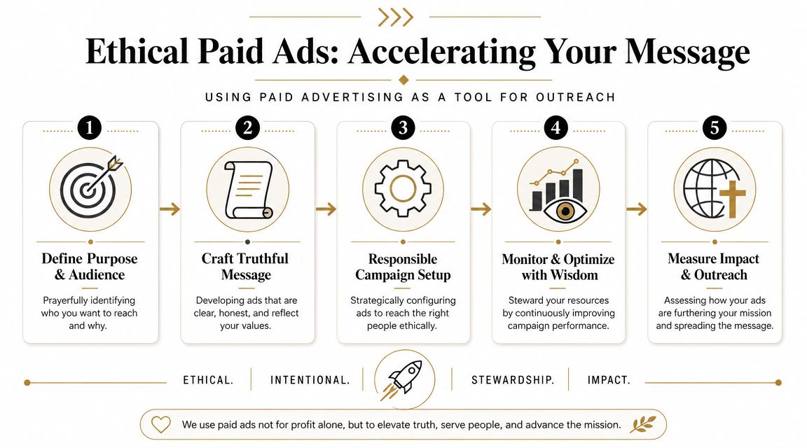 A flowchart showing five steps for ethical paid advertising to accelerate a faith-based mission and message.