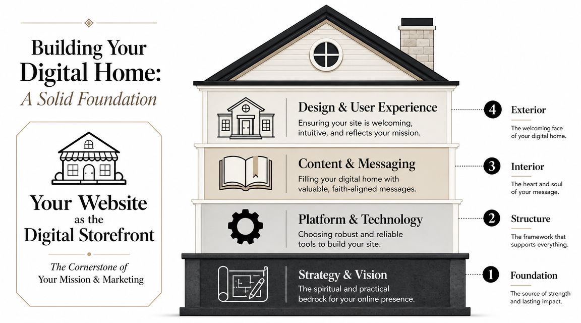 A diagram of a house representing a website's structure for a digital home and online ministry.