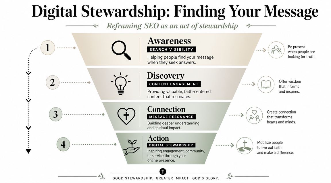 A digital stewardship funnel infographic showing four steps to reach audiences with faith-based content online.