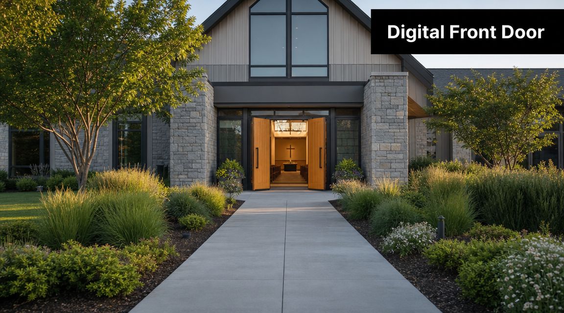 Open wooden doors to a church sanctuary viewed from a beautifully landscaped concrete walkway during sunset.