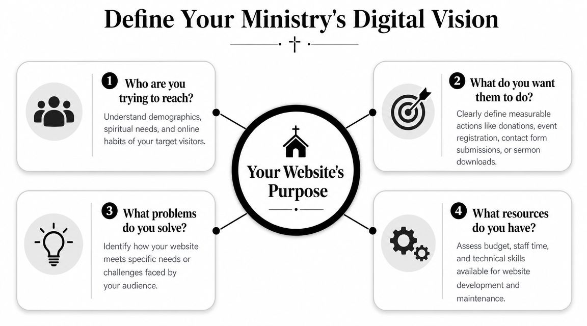 A diagram outlining four essential questions for defining a ministry's digital vision for their church website.