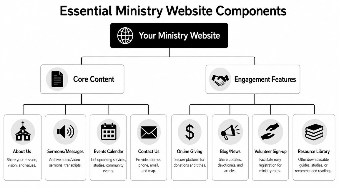 A diagram outlining the essential components of a ministry website including core content and engagement features.