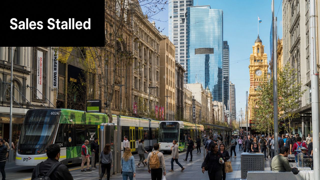 A busy street scene in Melbourne with trams, people walking, and the iconic Flinders Street Station clock tower.
