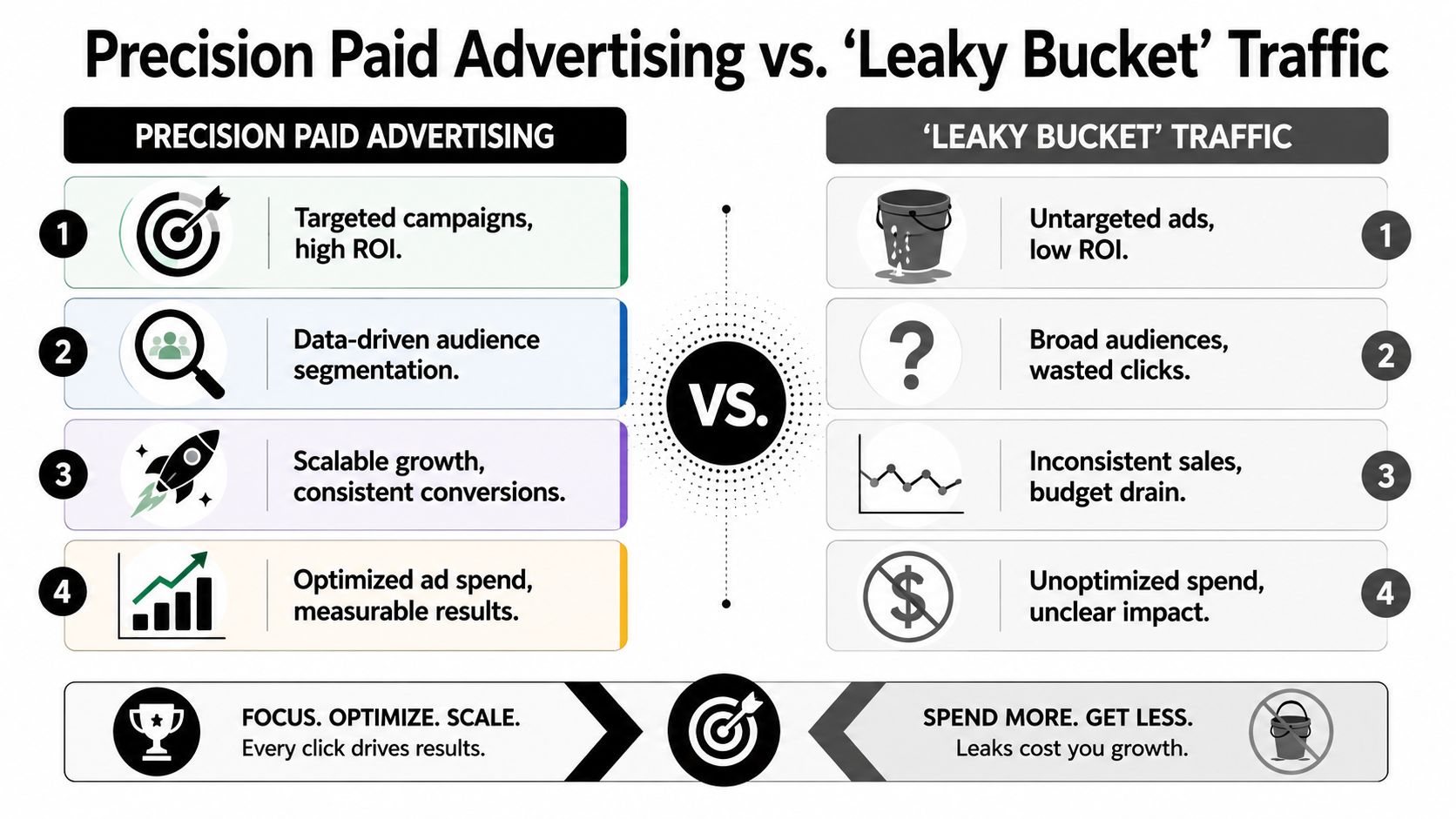 A comparison chart showing the benefits of precision paid advertising versus the drawbacks of leaky bucket traffic.