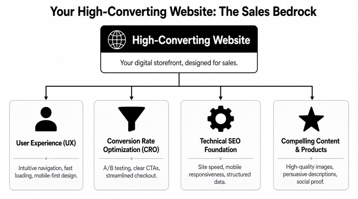 A diagram outlining the key pillars of a high-converting website, including UX, CRO, technical SEO, and content.