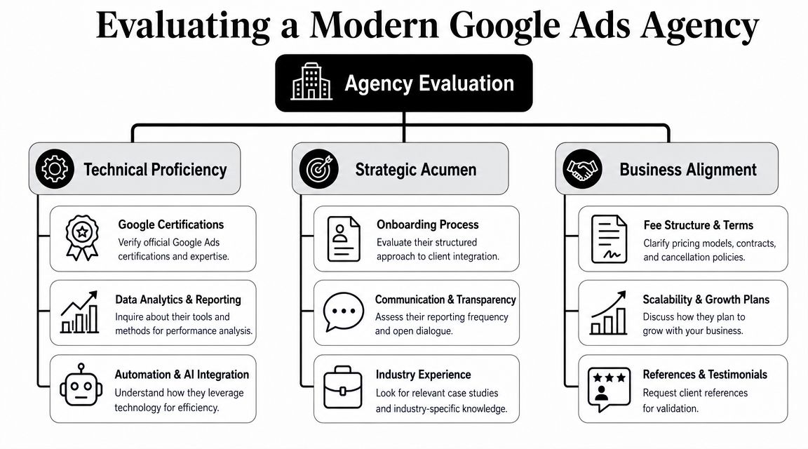 A diagram outlining key criteria for evaluating a modern Google Ads agency including technical, strategic, and business factors.