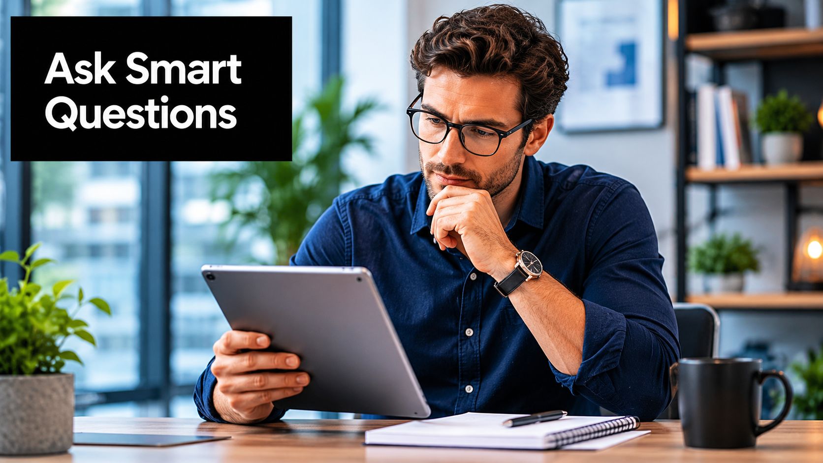 A professional man in a blue shirt thinking while looking at a tablet in a modern office.