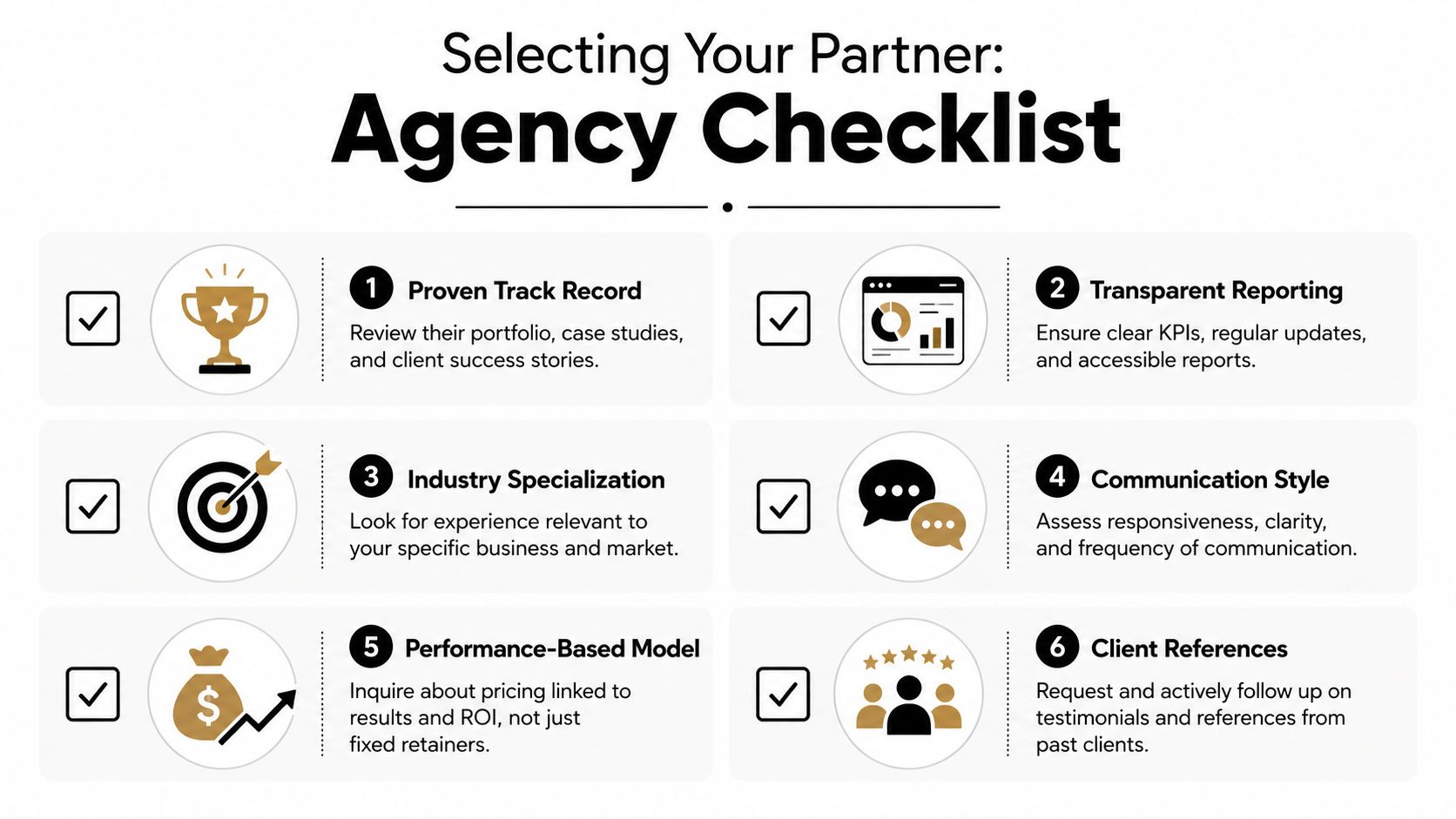 A six-point checklist graphic for evaluating and selecting the right performance marketing agency for your business.