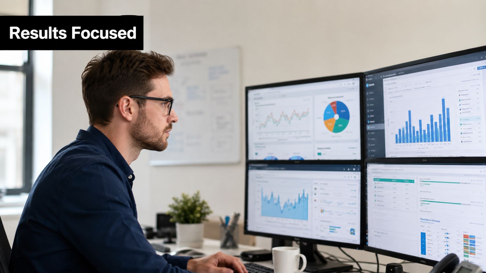 A professional man analyzing data charts and business metrics on multiple computer monitors in an office.
