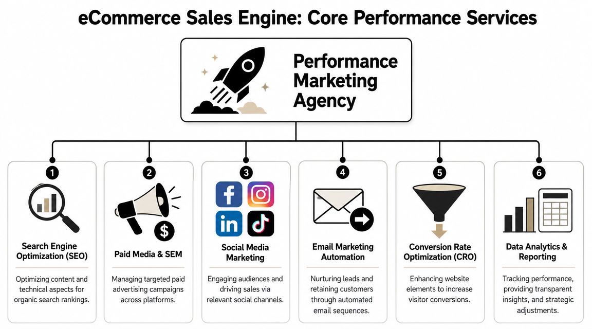 A diagram outlining six core services offered by an e-commerce performance marketing agency for business growth.