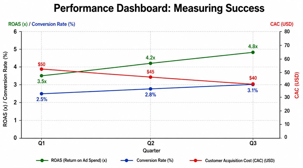 Line chart showing growth in ROAS and conversion rates alongside decreasing customer acquisition costs over three quarters.