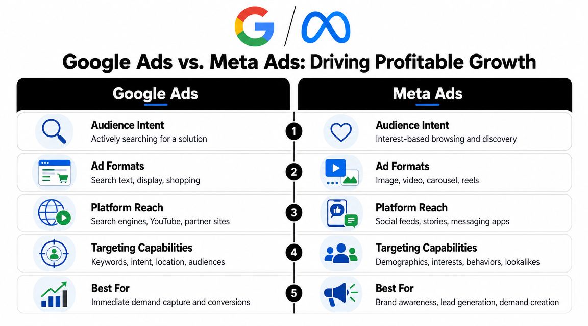 A comparison chart outlining the key differences between Google Ads and Meta Ads for digital marketing strategy.