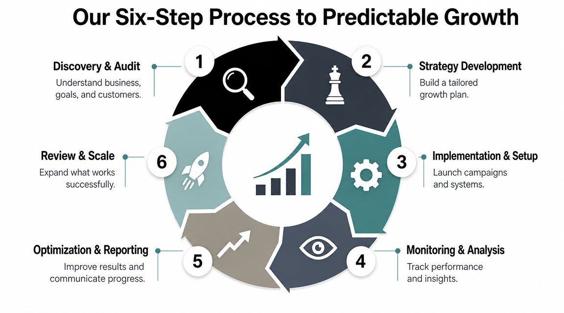 A circular diagram outlining a six-step process for achieving predictable growth in digital business marketing strategies.