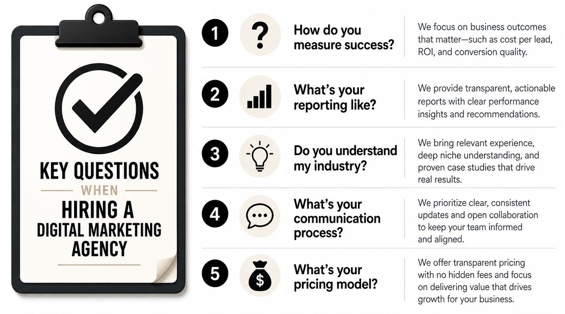 A checklist for hiring a digital marketing agency featuring five key questions and their business answers.