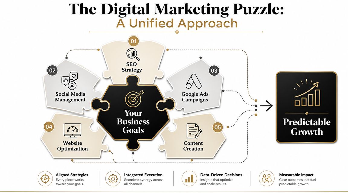 A diagram illustrating a unified digital marketing strategy connecting core services to predictable business growth results.