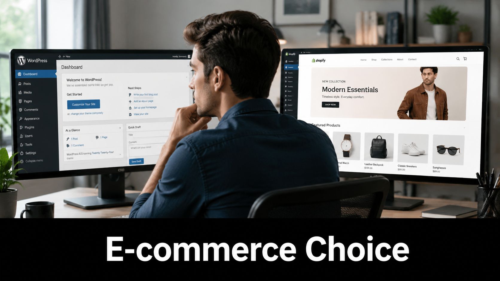 A professional developer comparing WordPress dashboard and Shopify store interface on two desktop computer monitors.