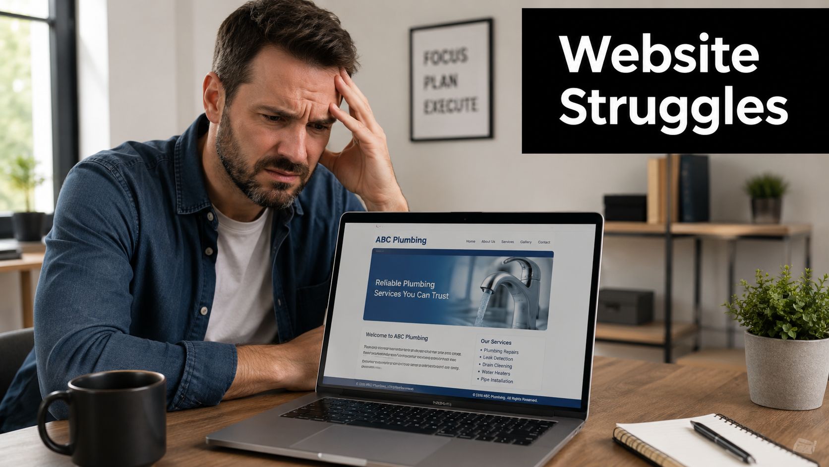 A man sitting at a desk appearing stressed while looking at his website on a laptop.
