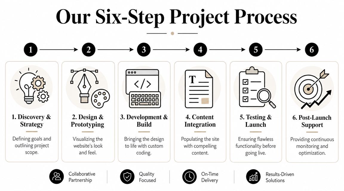 A diagram outlining a six-step project process for a professional web design and development company.