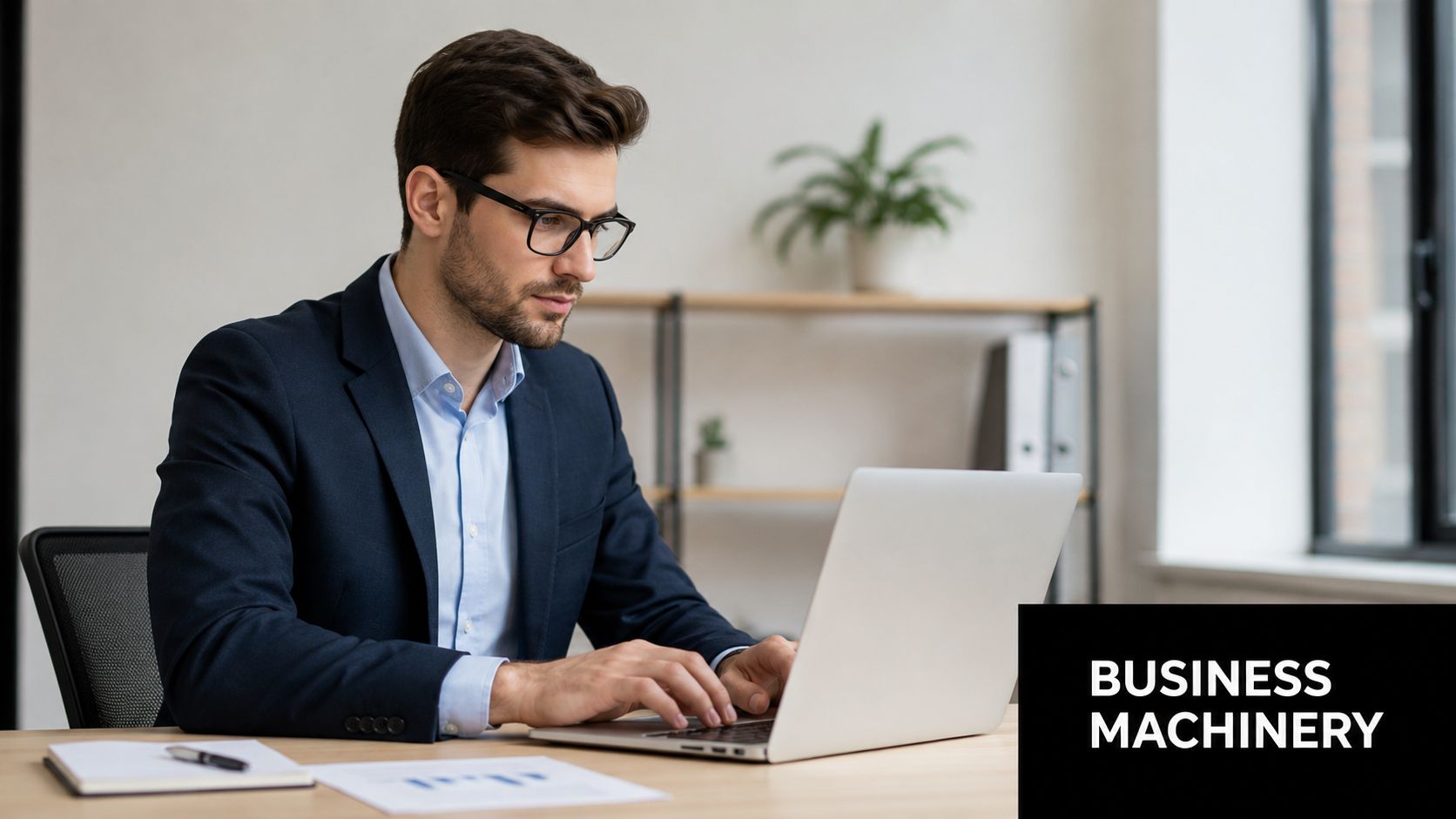 A professional man in a business suit working on a laptop at his office desk.
