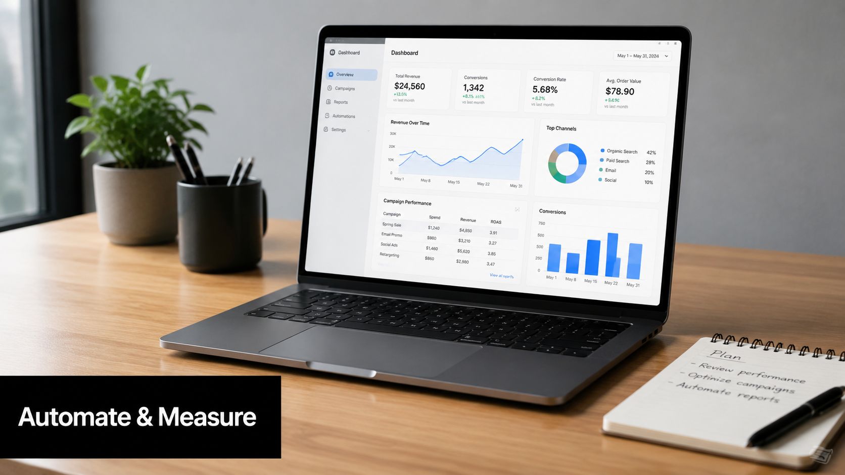 A laptop on a wooden desk showing a marketing performance dashboard with charts and business analytics data.