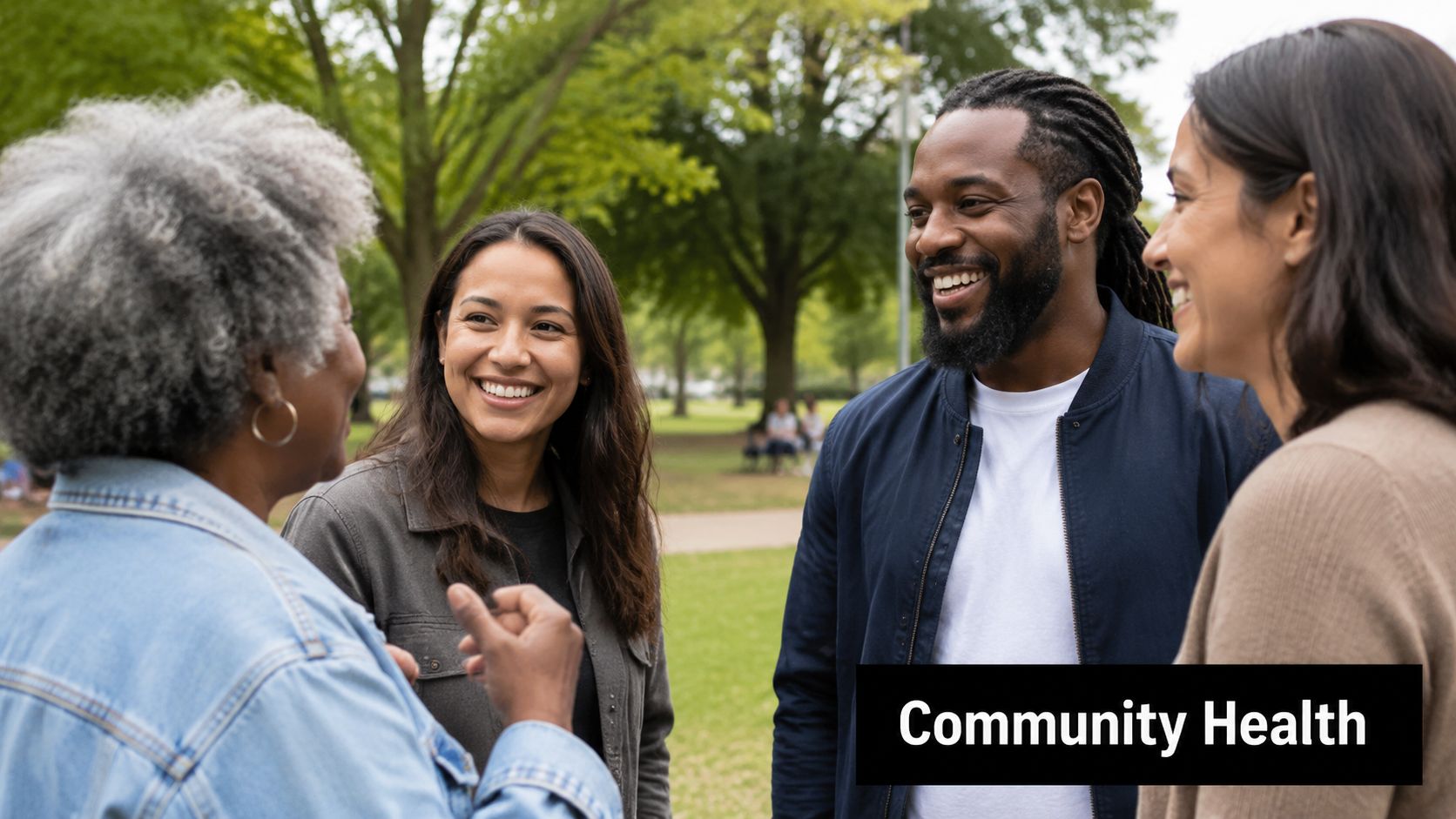 A diverse group of four people laughing and having a pleasant conversation in a park.