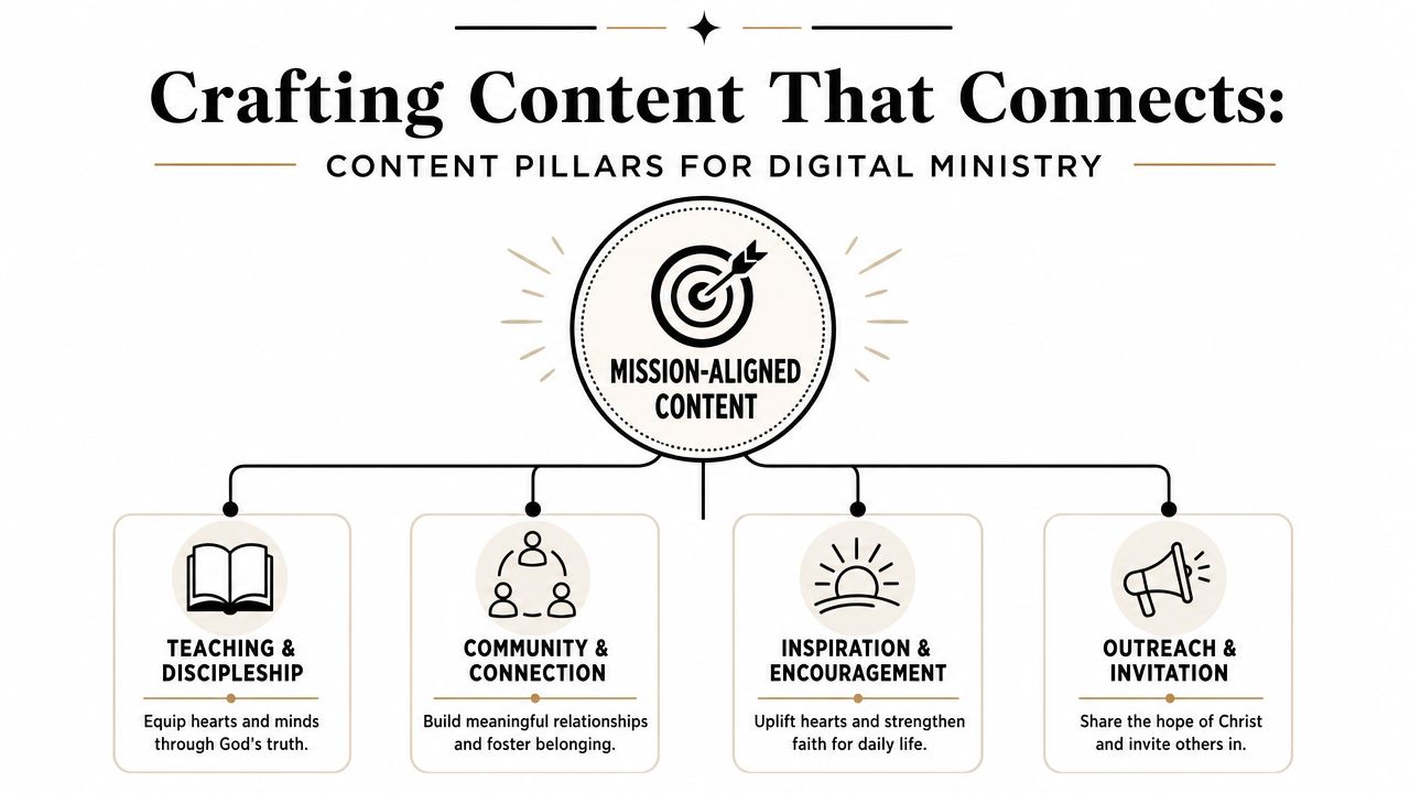 A diagram outlining four content pillars for digital ministry, emphasizing mission-aligned content for church outreach strategies.