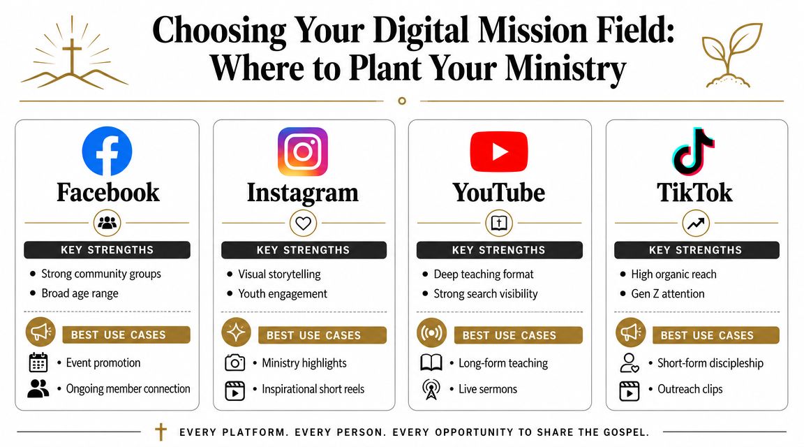 An infographic comparing Facebook, Instagram, YouTube, and TikTok for church ministry and digital outreach strategies.