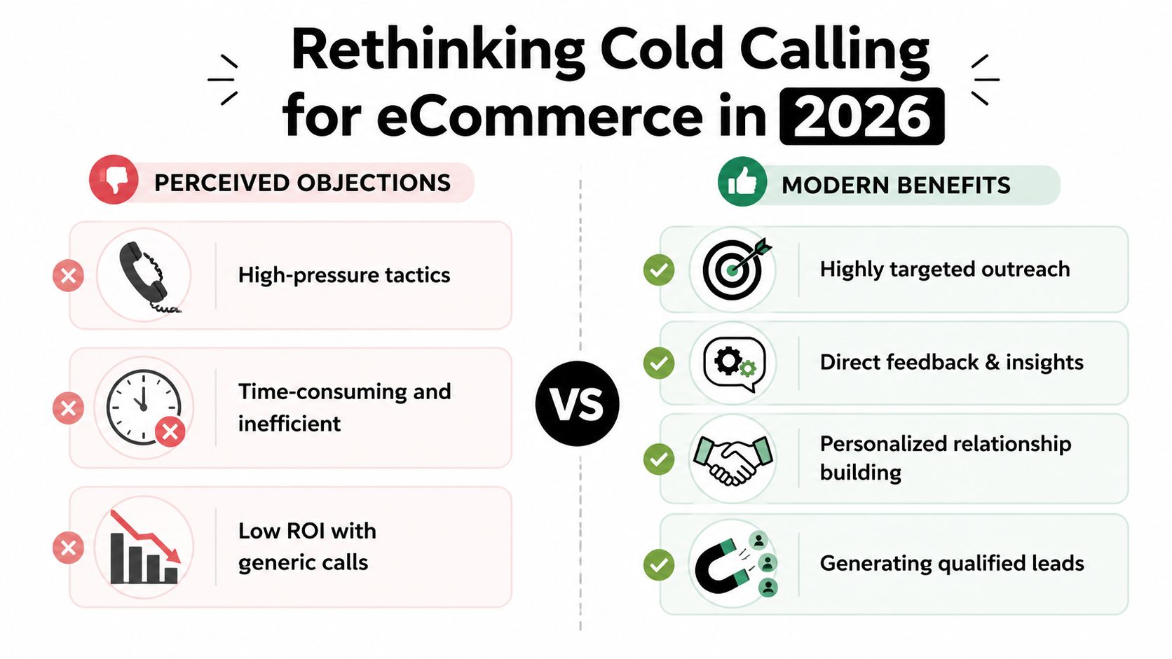 A comparison chart outlining perceived objections versus modern benefits of cold calling for ecommerce in 2026.